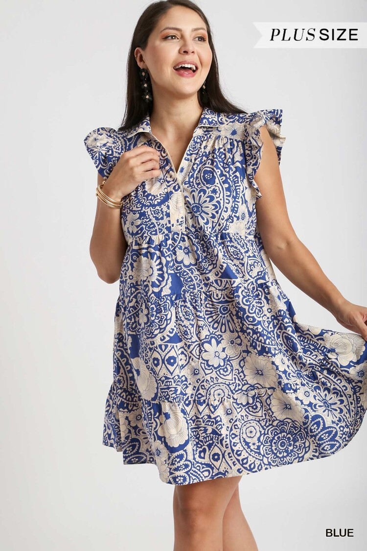 Umgee Abstract Print V-Neck Babydoll Dress
