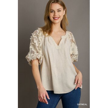 Linen Boxy Cut Split Neck Top with Floral Lace Puff Sleeve