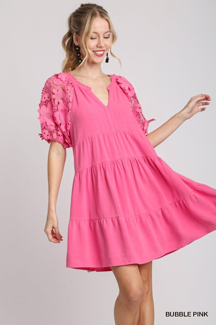 Linen Tiered A-Line Dress with 3D Floral Lace Contrast Sleeve