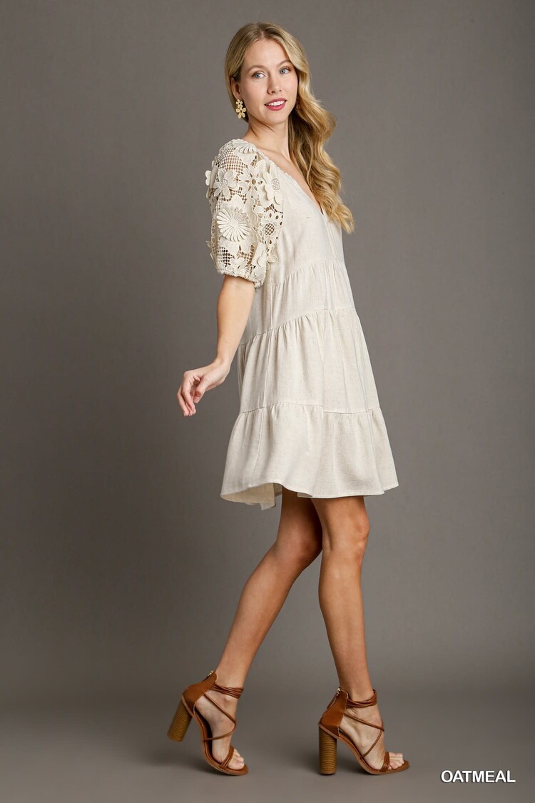 Linen Tiered A-Line Dress with 3D Floral Lace Contrast Sleeve