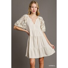 Linen Tiered A-Line Dress with 3D Floral Lace Contrast Sleeve