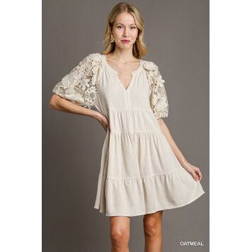 Linen Tiered A-Line Dress with 3D Floral Lace Contrast Sleeve