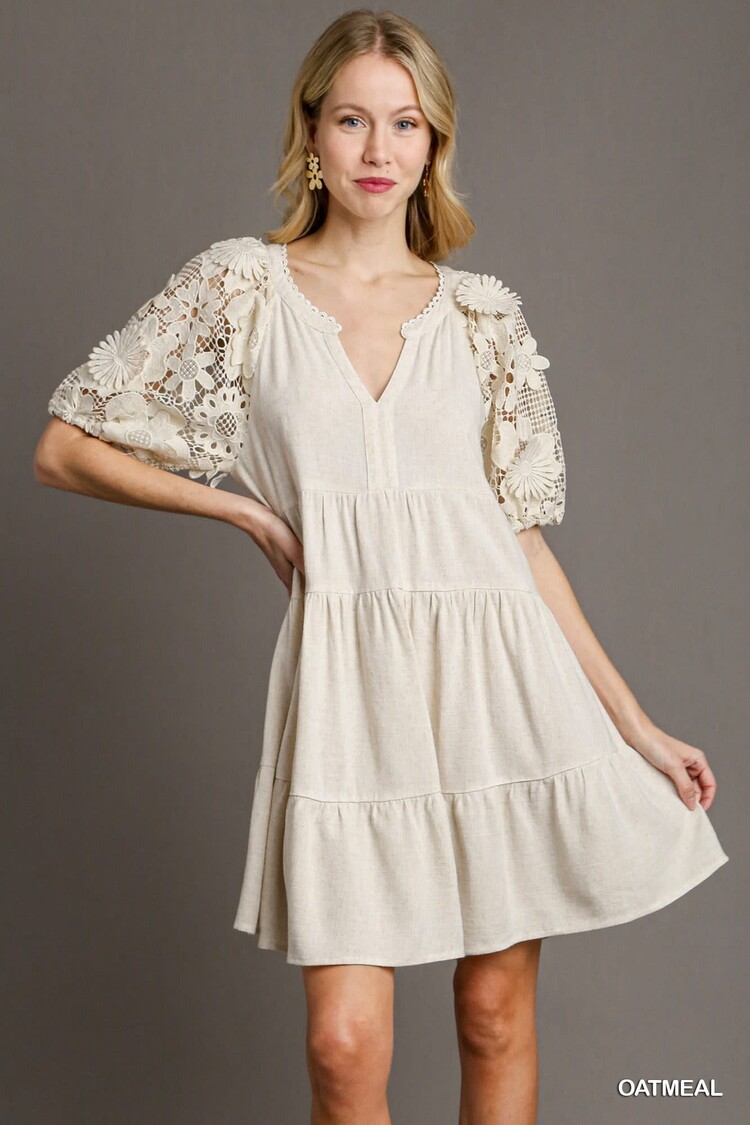 Linen Tiered A-Line Dress with 3D Floral Lace Contrast Sleeve