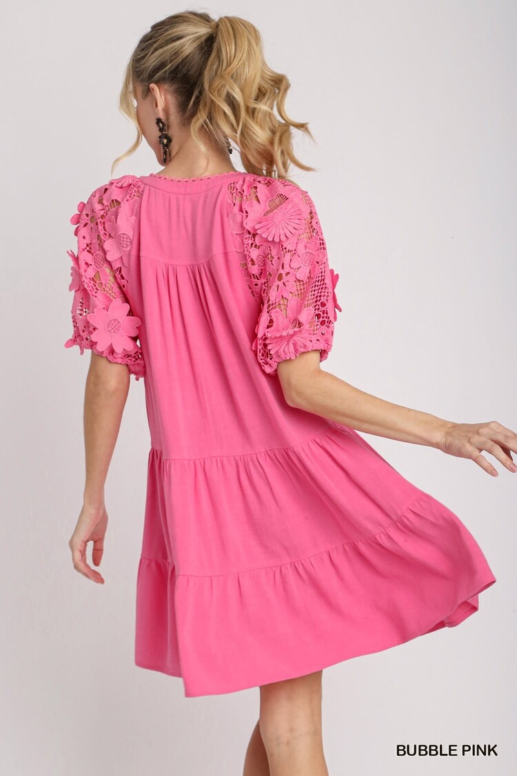 Linen Tiered A-Line Dress with 3D Floral Lace Contrast Sleeve