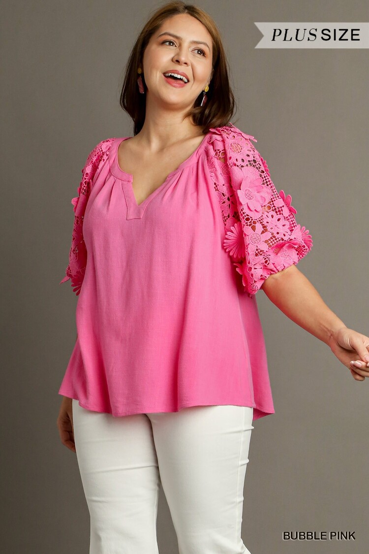 Linen Boxy Cut Split Neck Top with Floral Lace Puff Sleeve