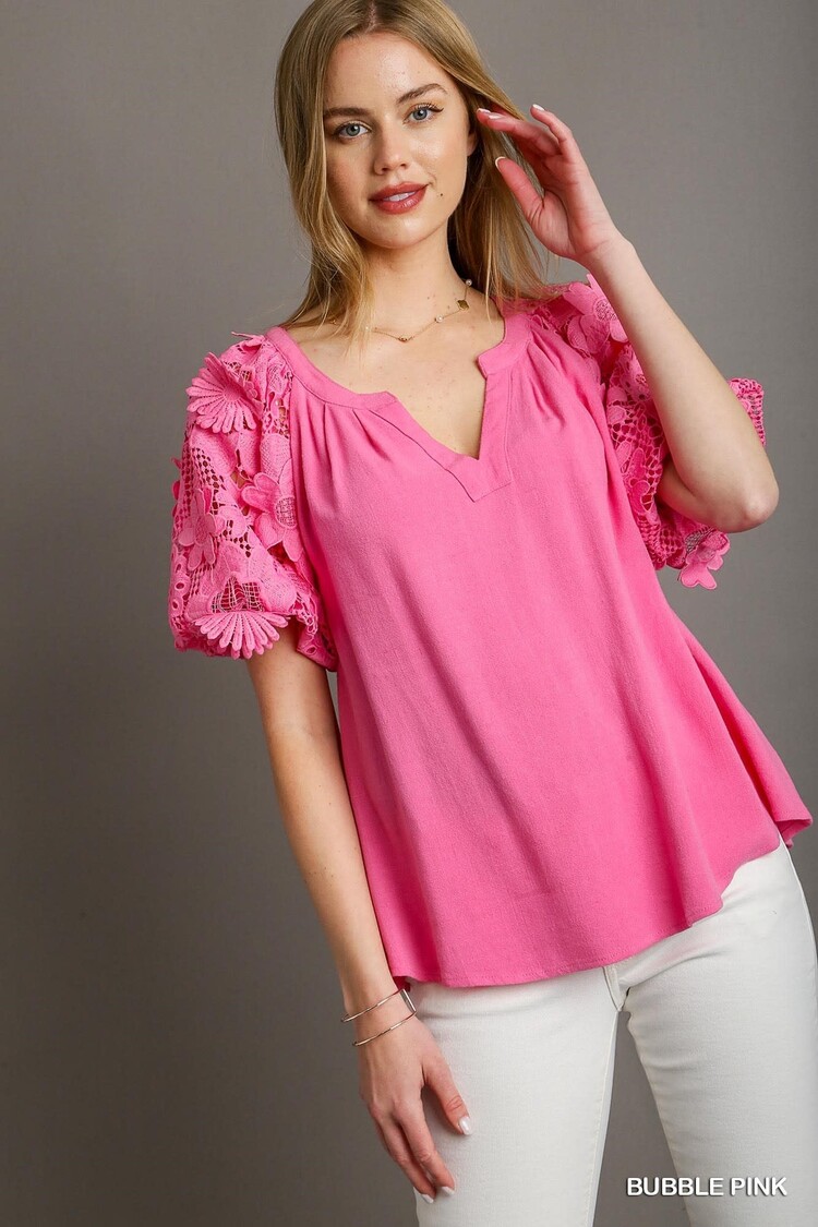 Linen Boxy Cut Split Neck Top with Floral Lace Puff Sleeve