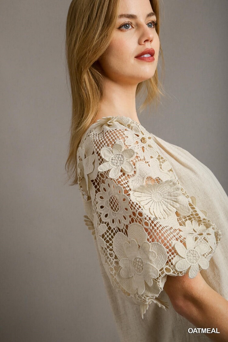 Linen Boxy Cut Split Neck Top with Floral Lace Puff Sleeve