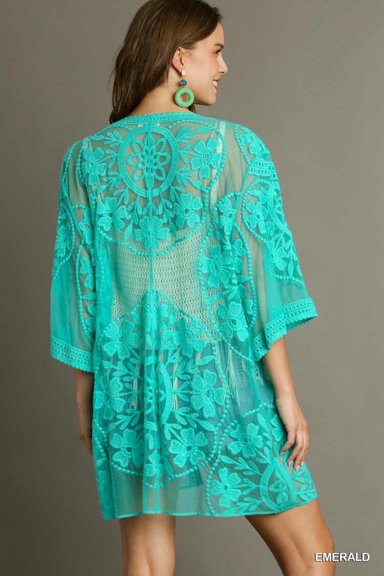 Umgee Floral Lace Open Front Kimono with Waist Tie