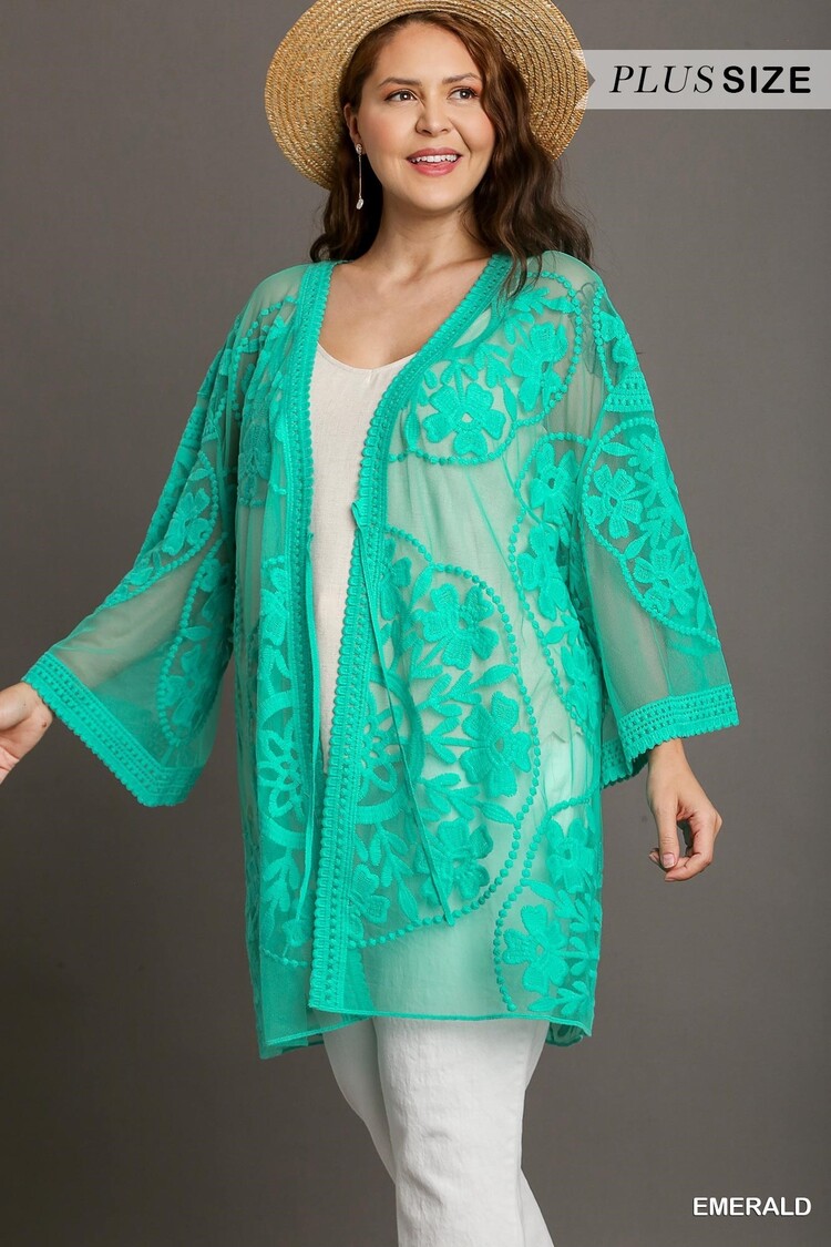 Umgee Floral Lace Open Front Kimono with Waist Tie