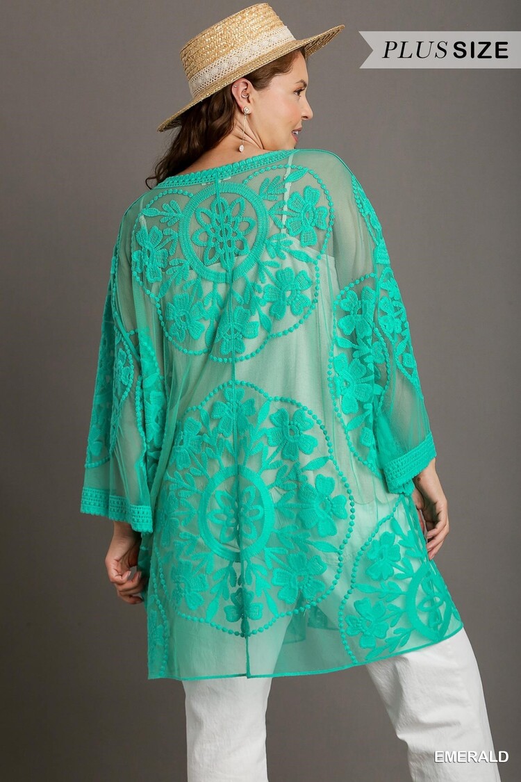 Umgee Floral Lace Open Front Kimono with Waist Tie