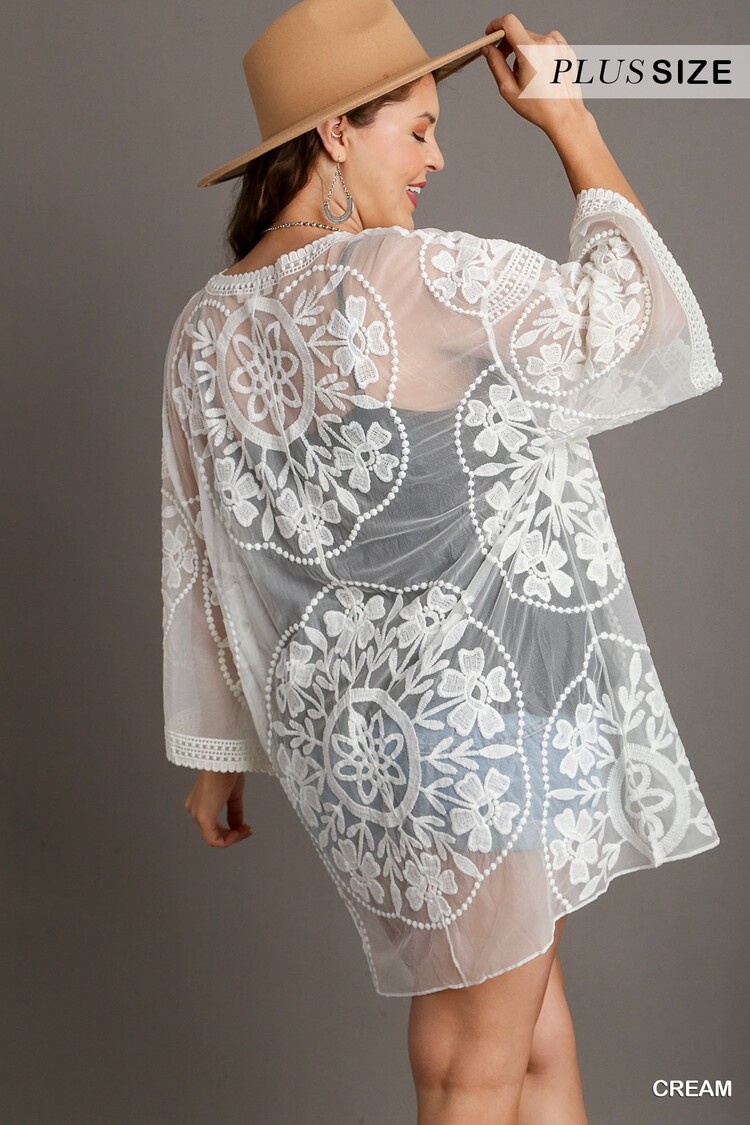Umgee Floral Lace Open Front Kimono with Waist Tie