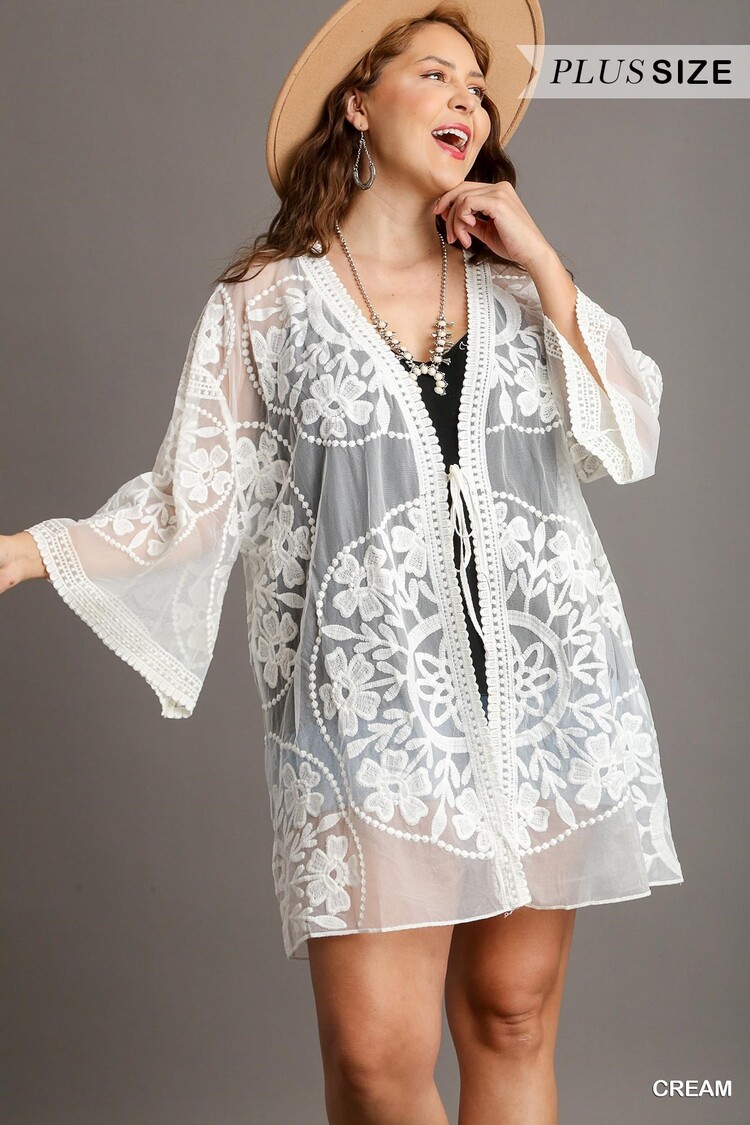 Umgee Floral Lace Open Front Kimono with Waist Tie