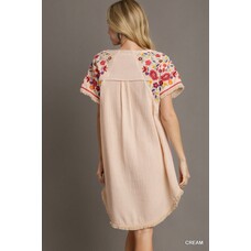 Umgee Cotton Gauze High Low Frayed Hem Round Neck Dress with Embroidery Sleeves
