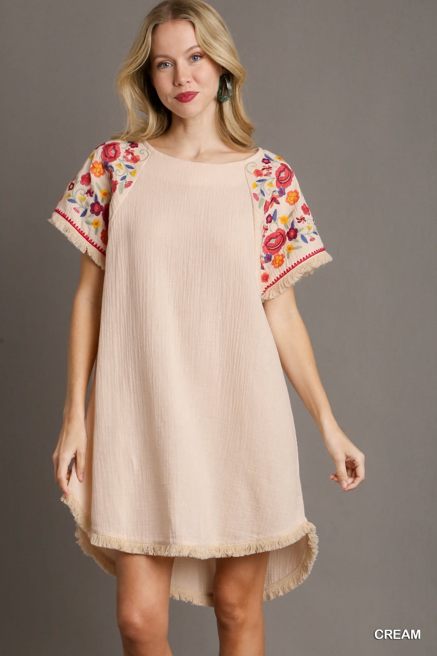 Cotton Gauze High Low Frayed Hem Round Neck Dress with Embroidery