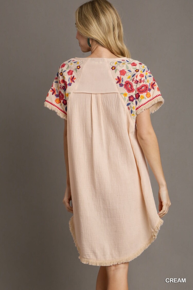 Umgee Cotton Gauze High Low Frayed Hem Round Neck Dress with Embroidery Sleeves