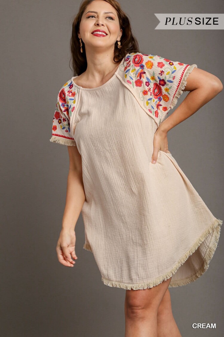 Umgee Cotton Gauze High Low Frayed Hem Round Neck Dress with Embroidery Sleeves