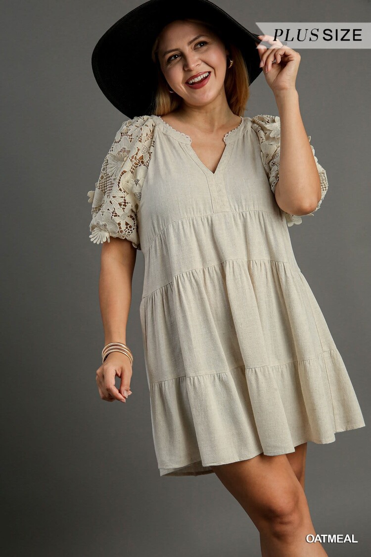 Linen Tiered A-Line Dress with 3D Floral Lace Contrast Sleeve