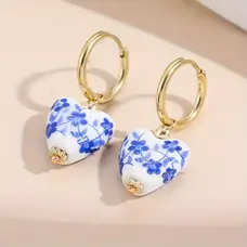 Vintage Blue & White Heart Earrings