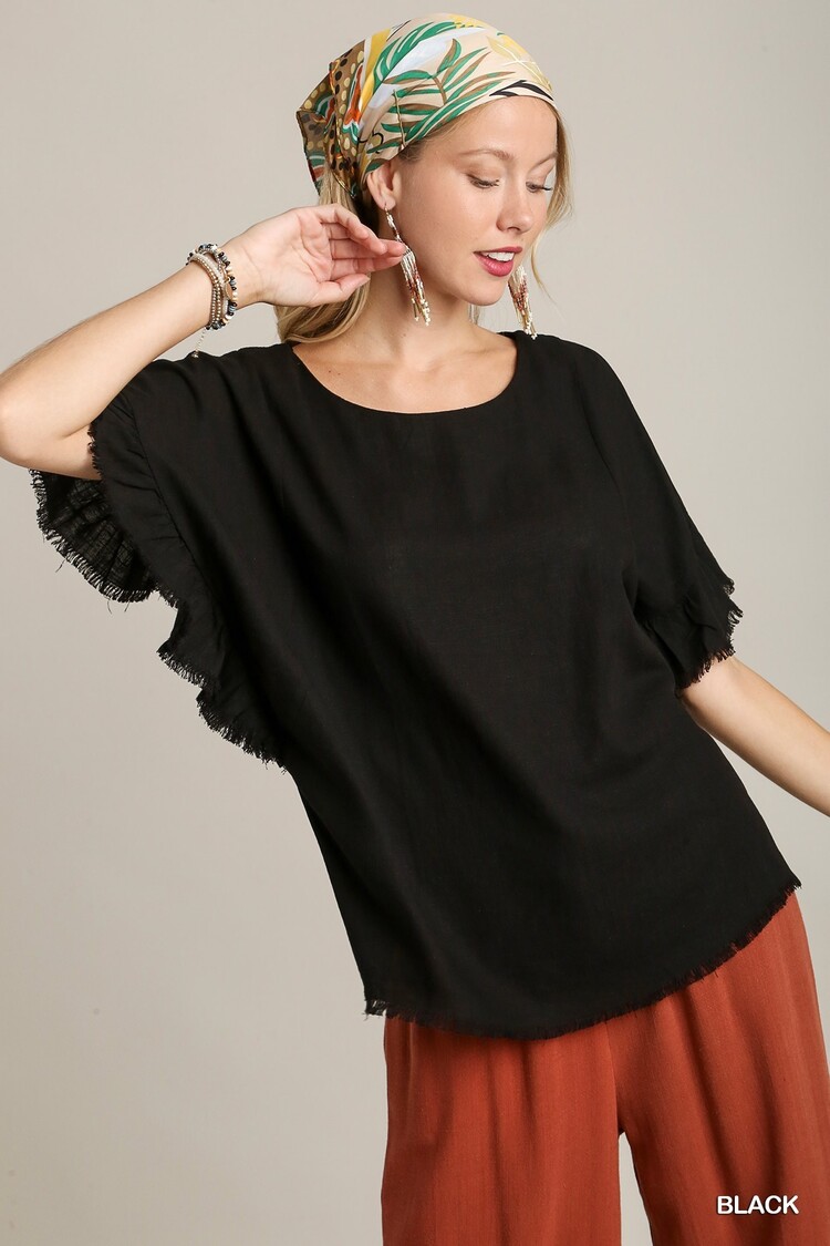 Umgee Linen Blend Short Ruffle Sleeve with Frayed Scoop Hem