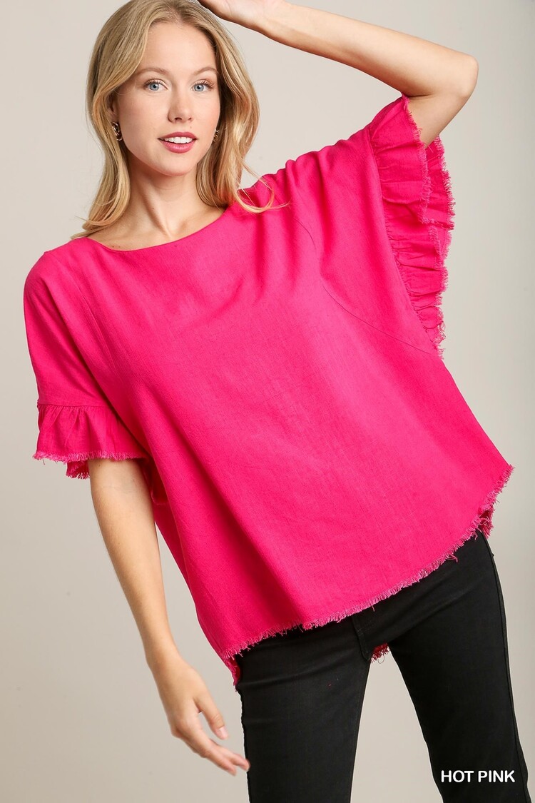 Umgee Linen Blend Short Ruffle Sleeve with Frayed Scoop Hem