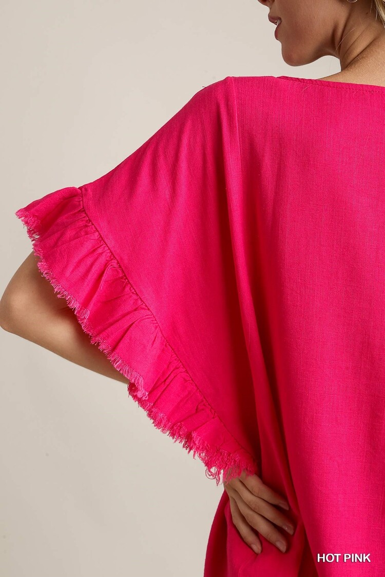 Umgee Linen Blend Short Ruffle Sleeve with Frayed Scoop Hem