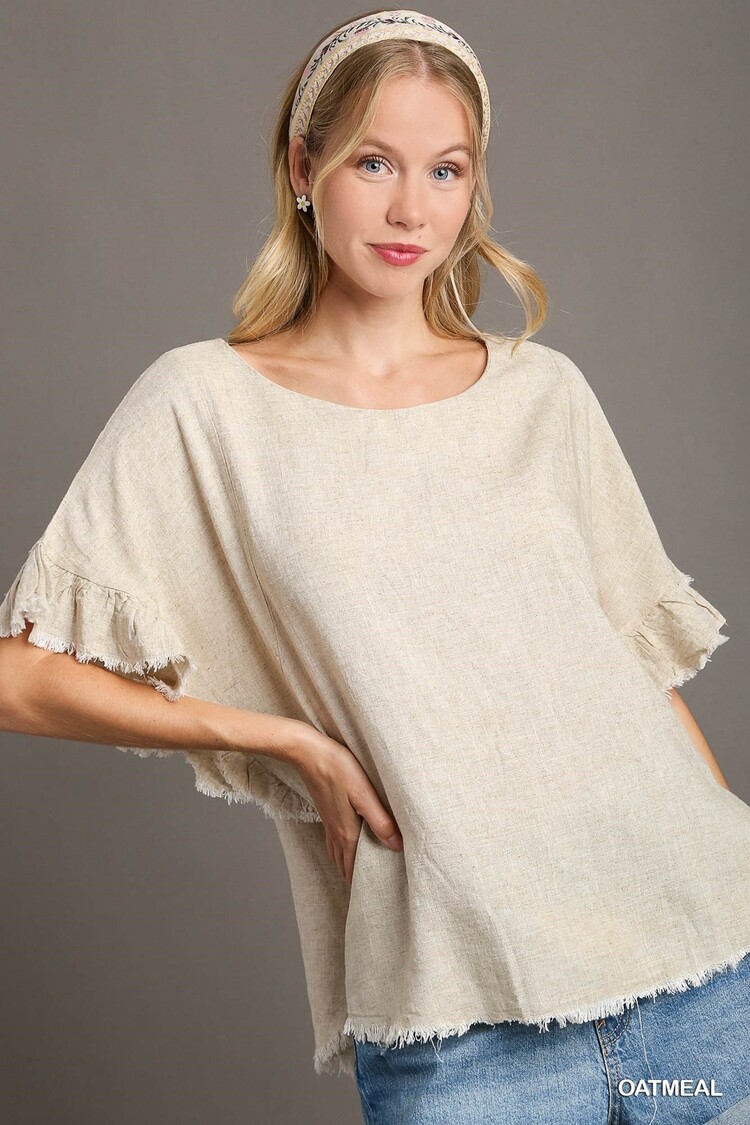 Umgee Linen Blend Short Ruffle Sleeve with Frayed Scoop Hem