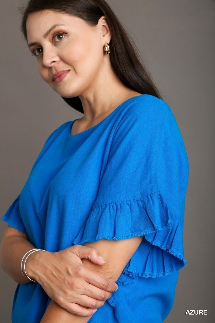 Umgee Linen Blend Short Ruffle Sleeve with Frayed Scoop Hem