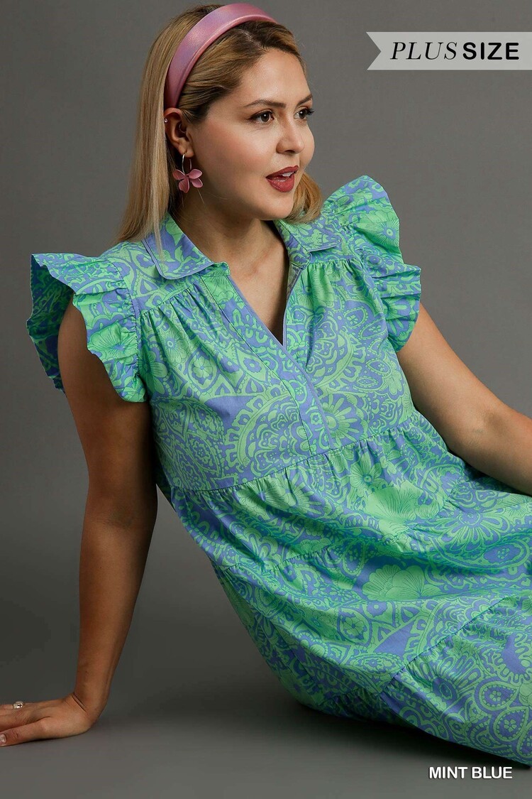 Umgee Abstract Print V-Neck Babydoll Dress