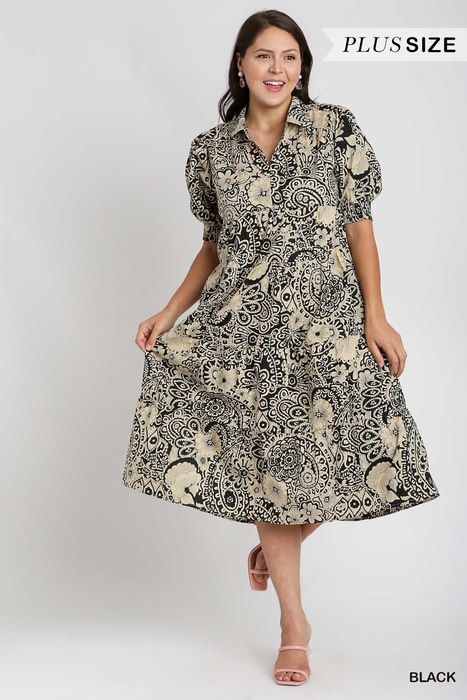 knee length dresses for ladies Umgee Abstract Satin Tiered Midi Dress with Bubble Sleeves, Ruffle Neckline Medium main image 1