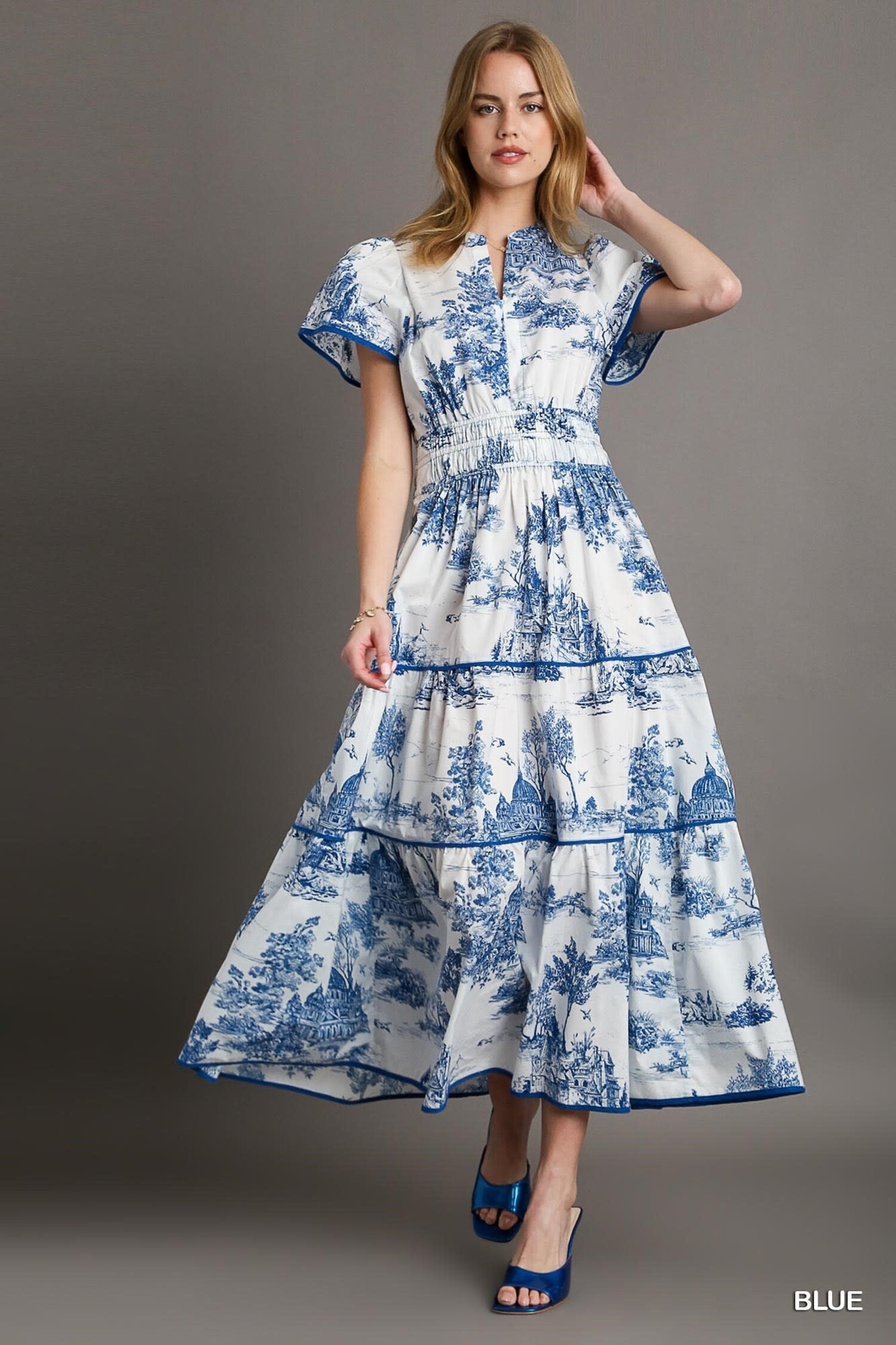 Umgee Landscape Print Tiered Dress with Split Neck
