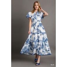 Umgee Landscape Print Tiered  Dress with Split Neck