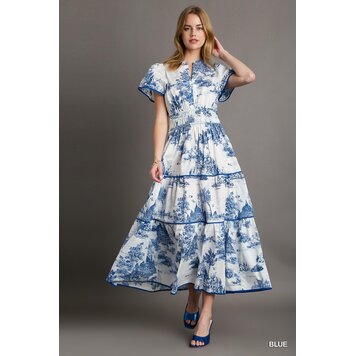 Umgee Landscape Print Tiered  Dress with Split Neck