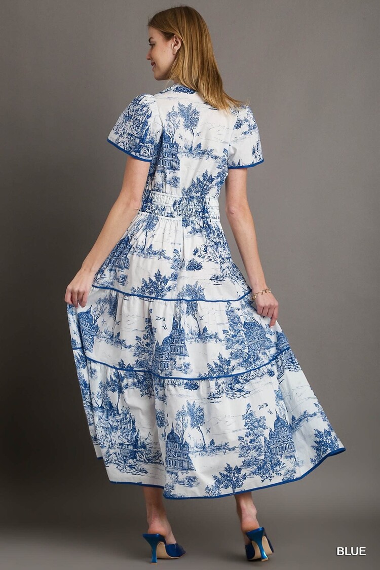 Umgee Landscape Print Tiered  Dress with Split Neck