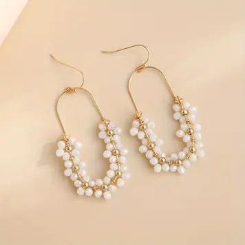 Hollow Oval Colorful Beads Earrings - White
