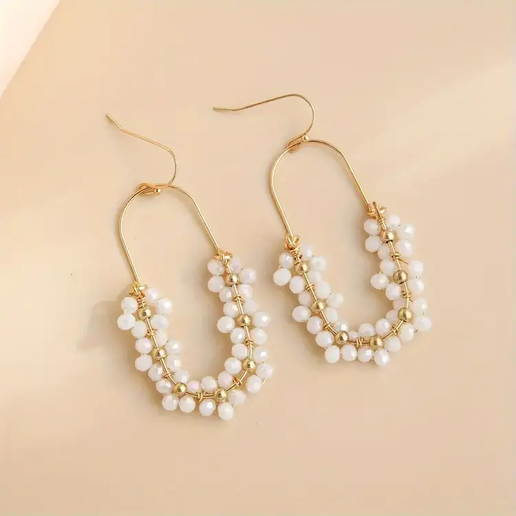 Hollow Oval Colorful Beads Earrings - White