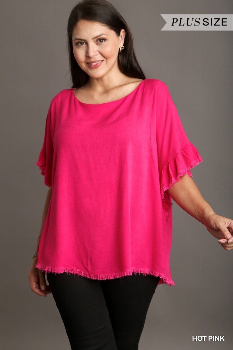 Umgee Linen Blend Short Ruffle Sleeve with Frayed Scoop Hem