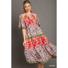 Umgee Short Sleeve Mixed Floral Print Maxi Dress