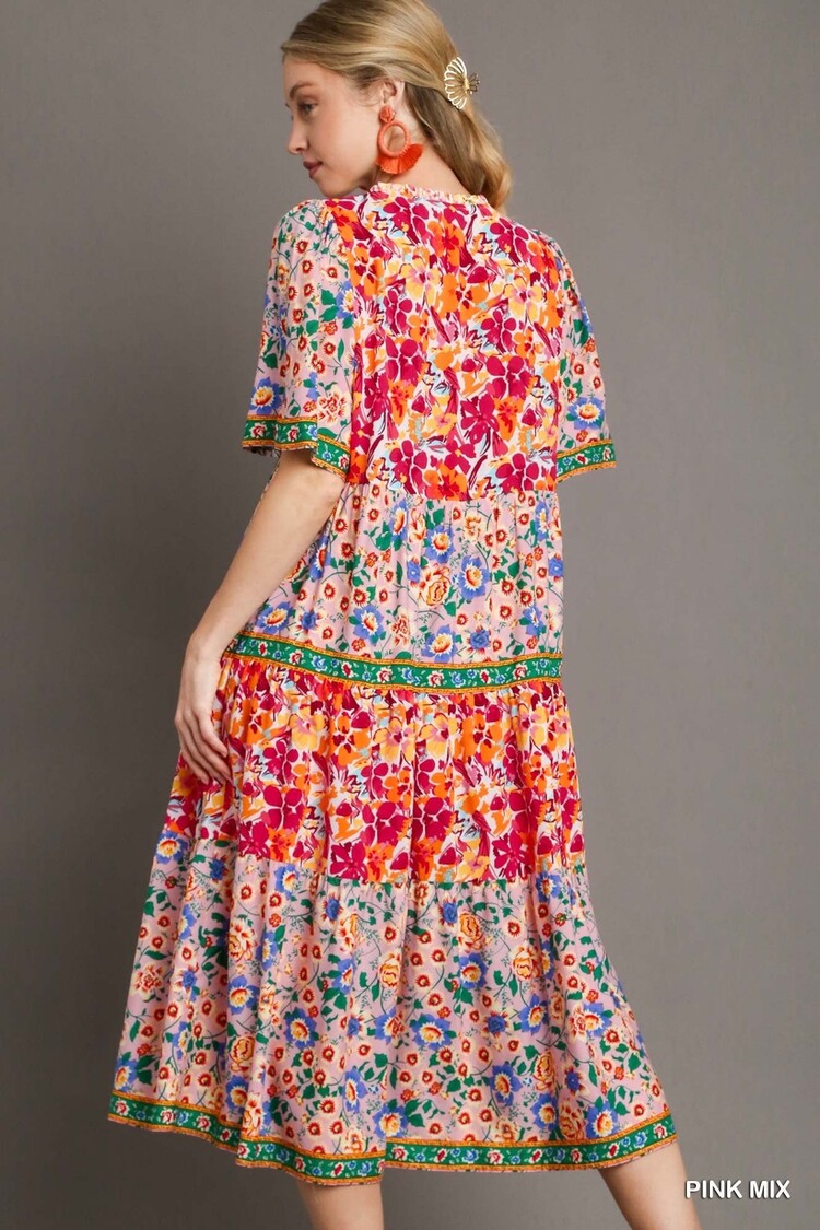 Umgee Short Sleeve Mixed Floral Print Maxi Dress
