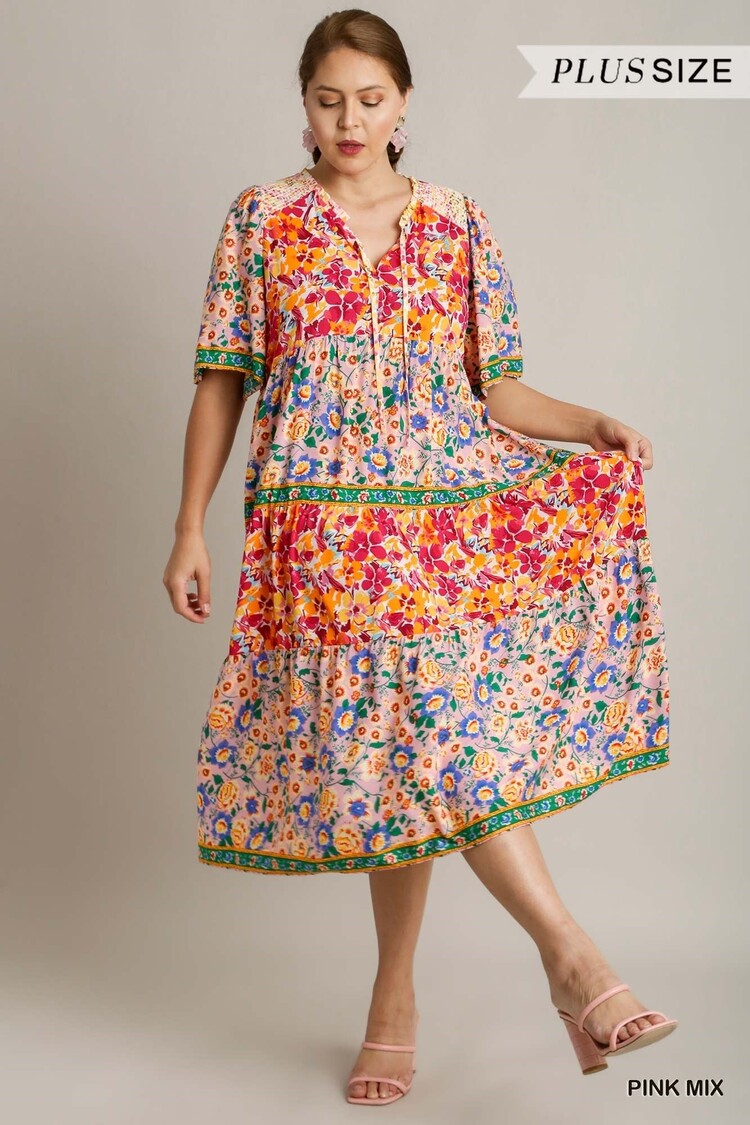 Umgee Short Sleeve Mixed Floral Print Maxi Dress
