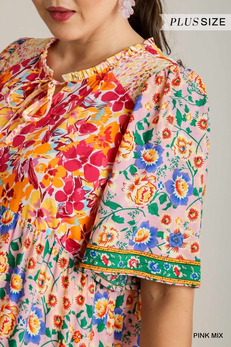 Umgee Short Sleeve Mixed Floral Print Maxi Dress