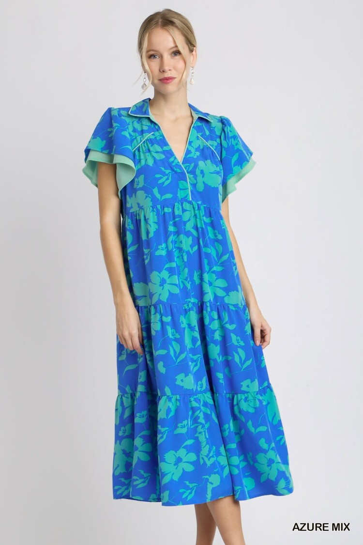 Umgee Two Tone A-Line Collared Tiered Midi Dress