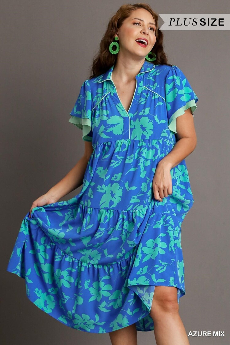 Umgee Two Tone A-Line Collared Tiered Midi Dress