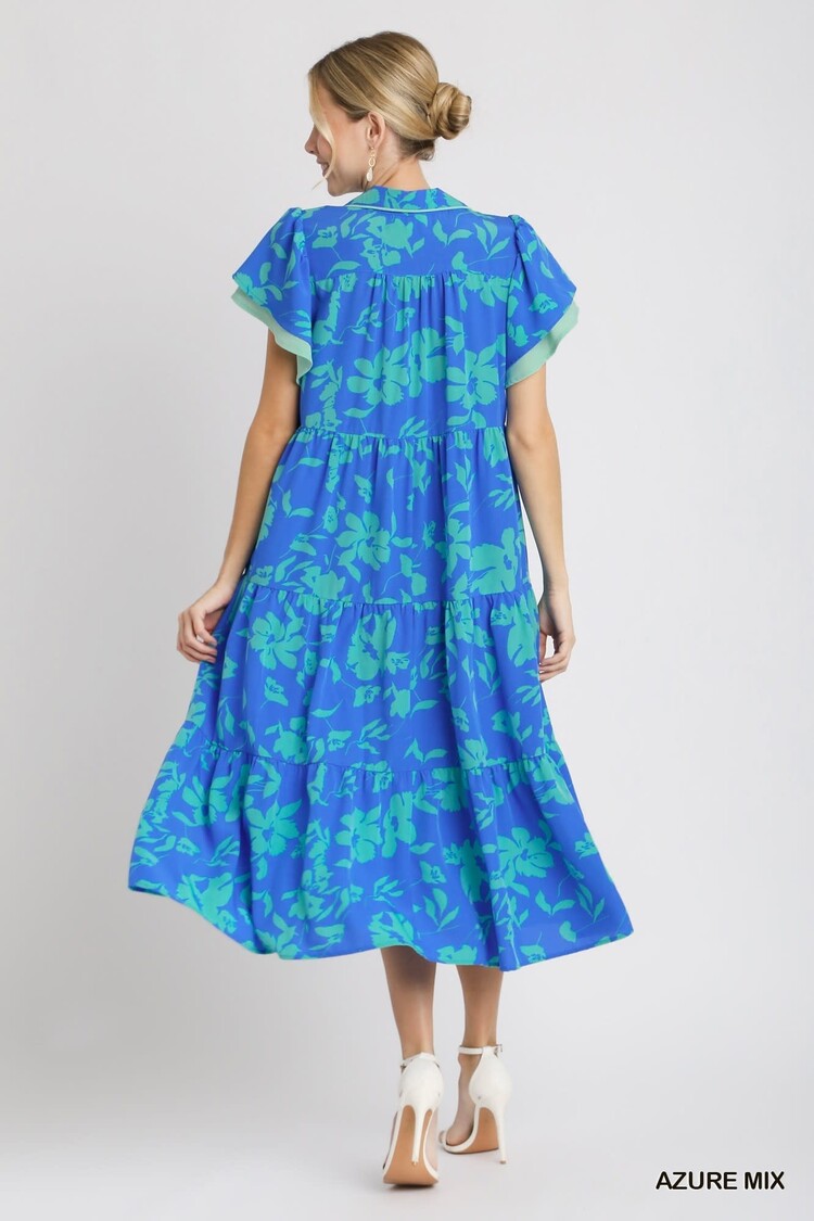 Umgee Two Tone A-Line Collared Tiered Midi Dress