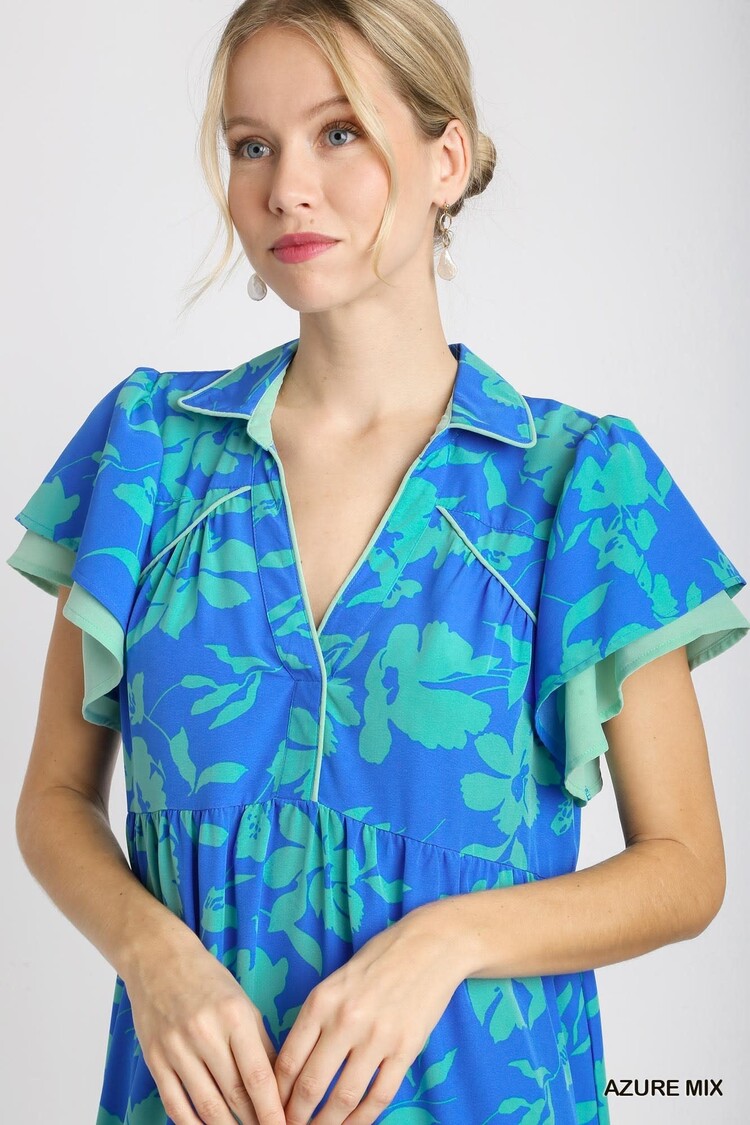 Umgee Two Tone A-Line Collared Tiered Midi Dress