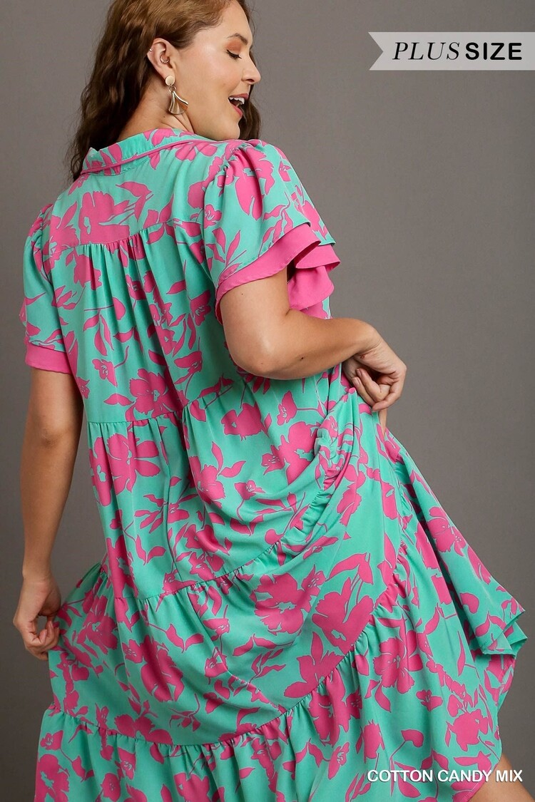 Umgee Two Tone A-Line Collared Tiered Midi Dress