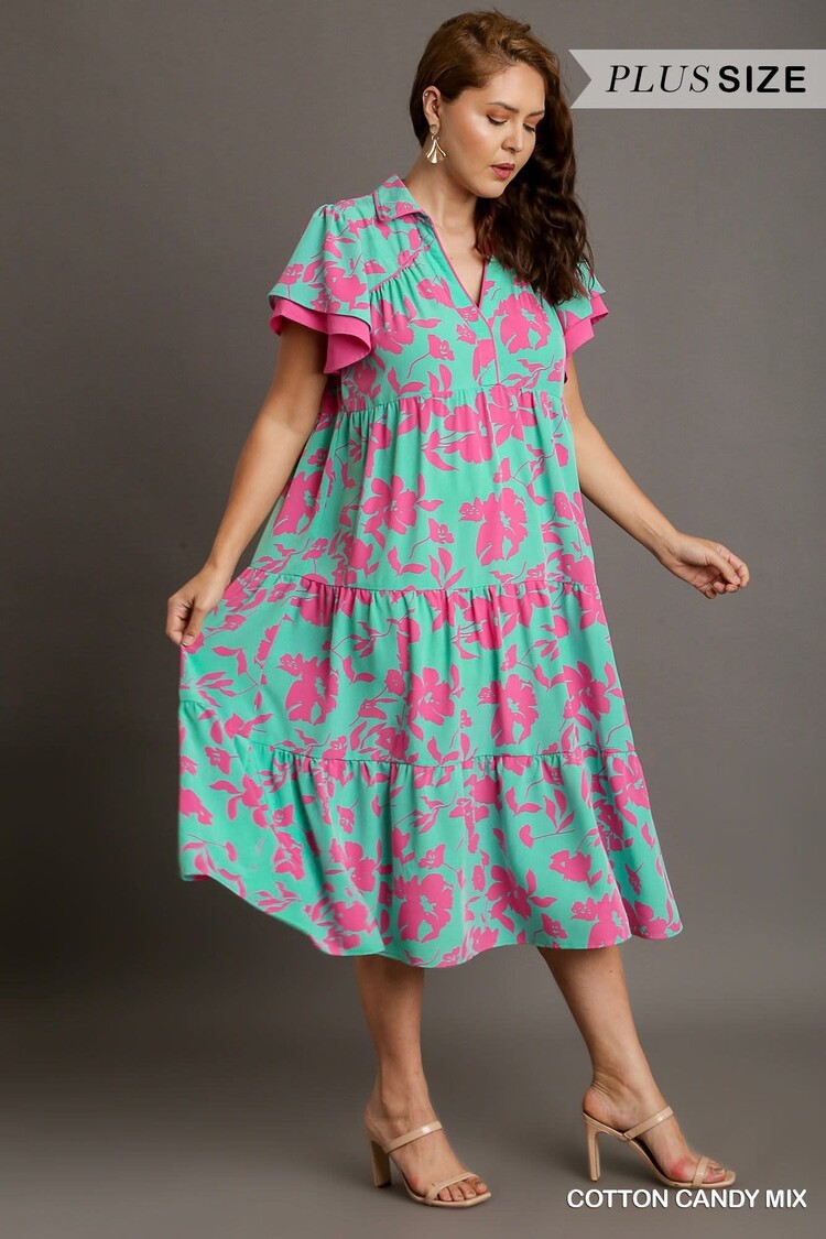 Umgee Two Tone A-Line Collared Tiered Midi Dress