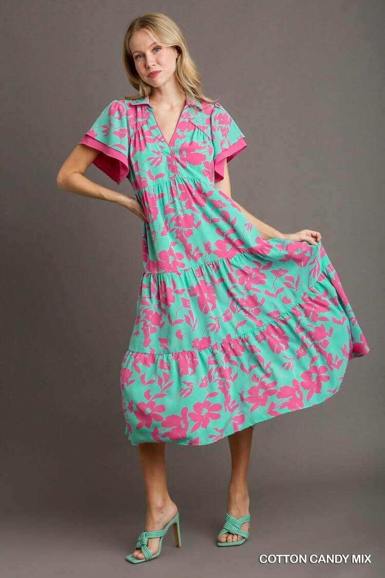 Umgee Two Tone A-Line Collared Tiered Midi Dress