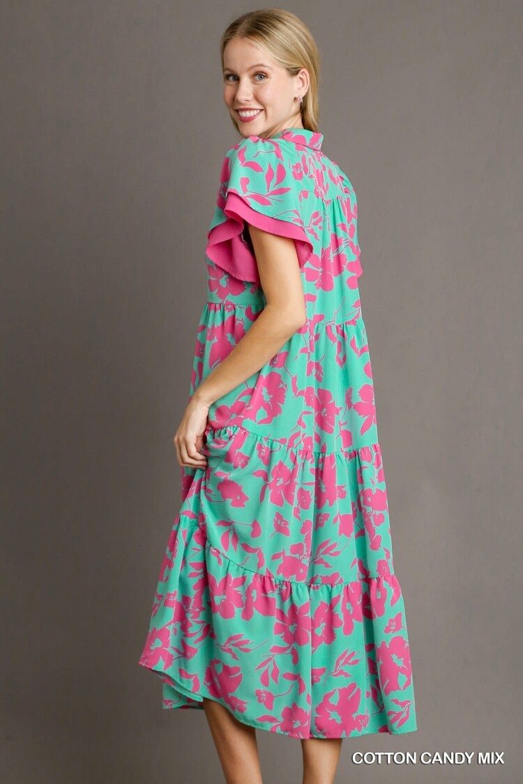 Umgee Two Tone A-Line Collared Tiered Midi Dress