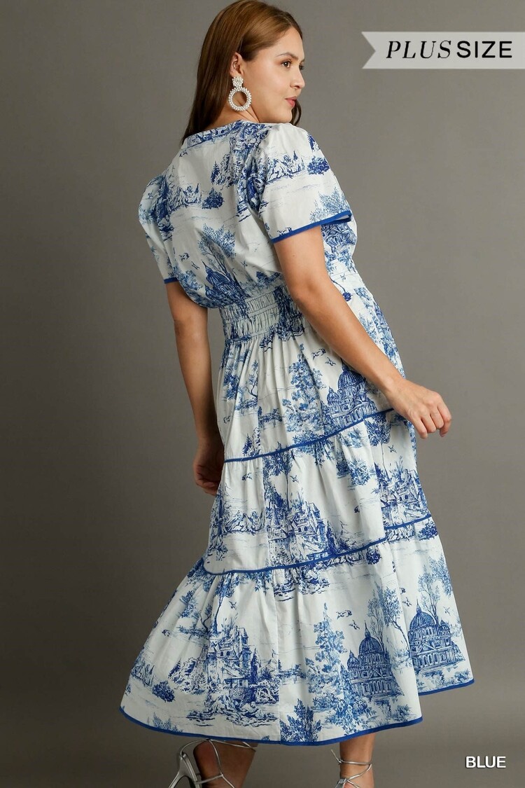 Umgee Landscape Print Tiered  Dress with Split Neck