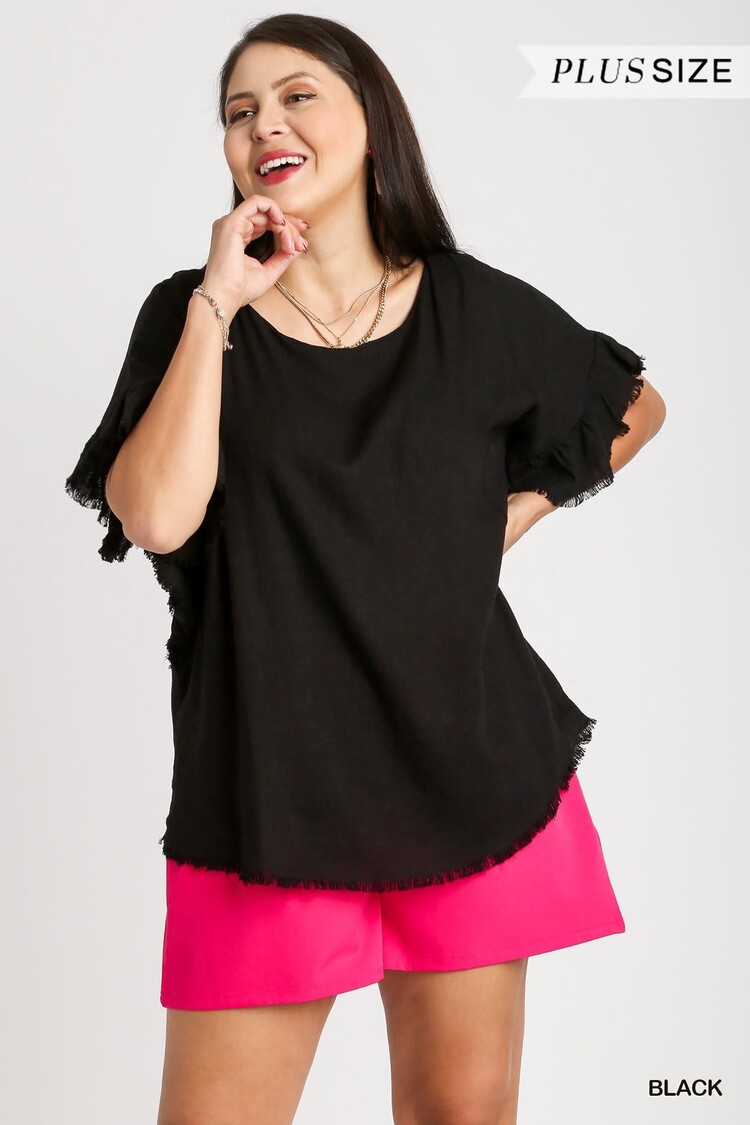 Umgee Linen Blend Short Ruffle Sleeve with Frayed Scoop Hem